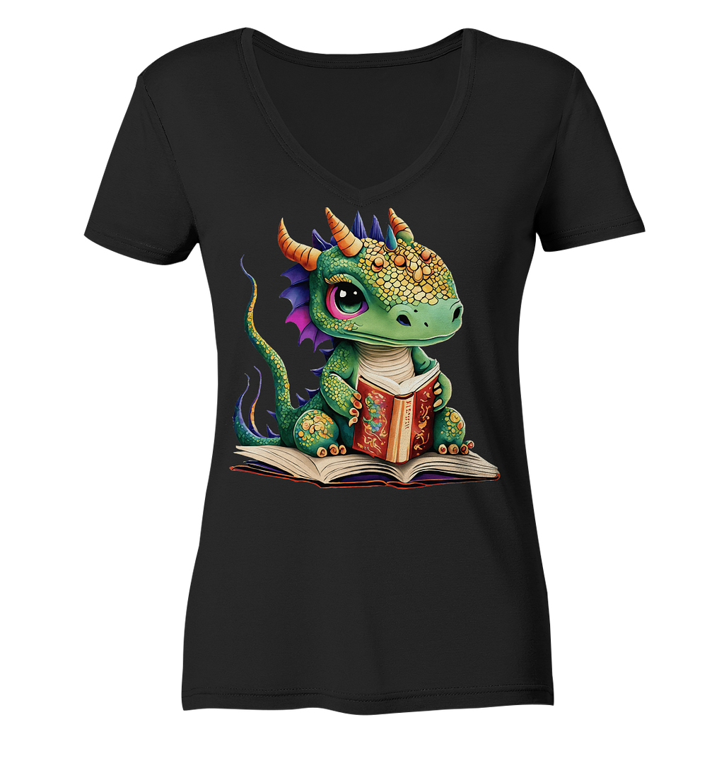 Kleiner lesender Drache -personalisierbar - Ladies V-Neck Shirt