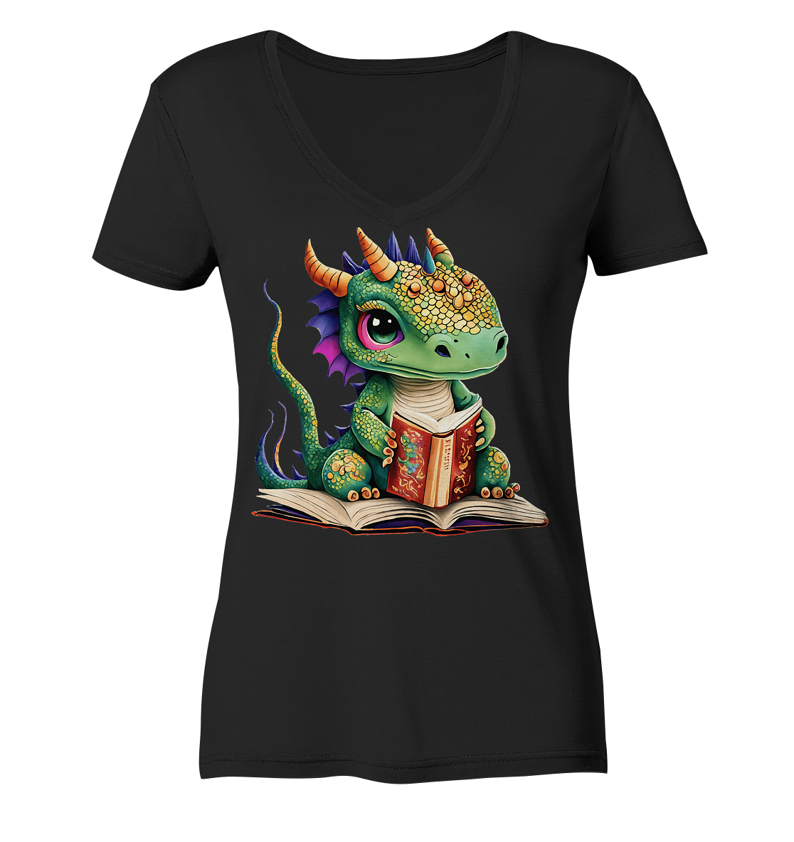 Kleiner lesender Drache -personalisierbar - Ladies V-Neck Shirt