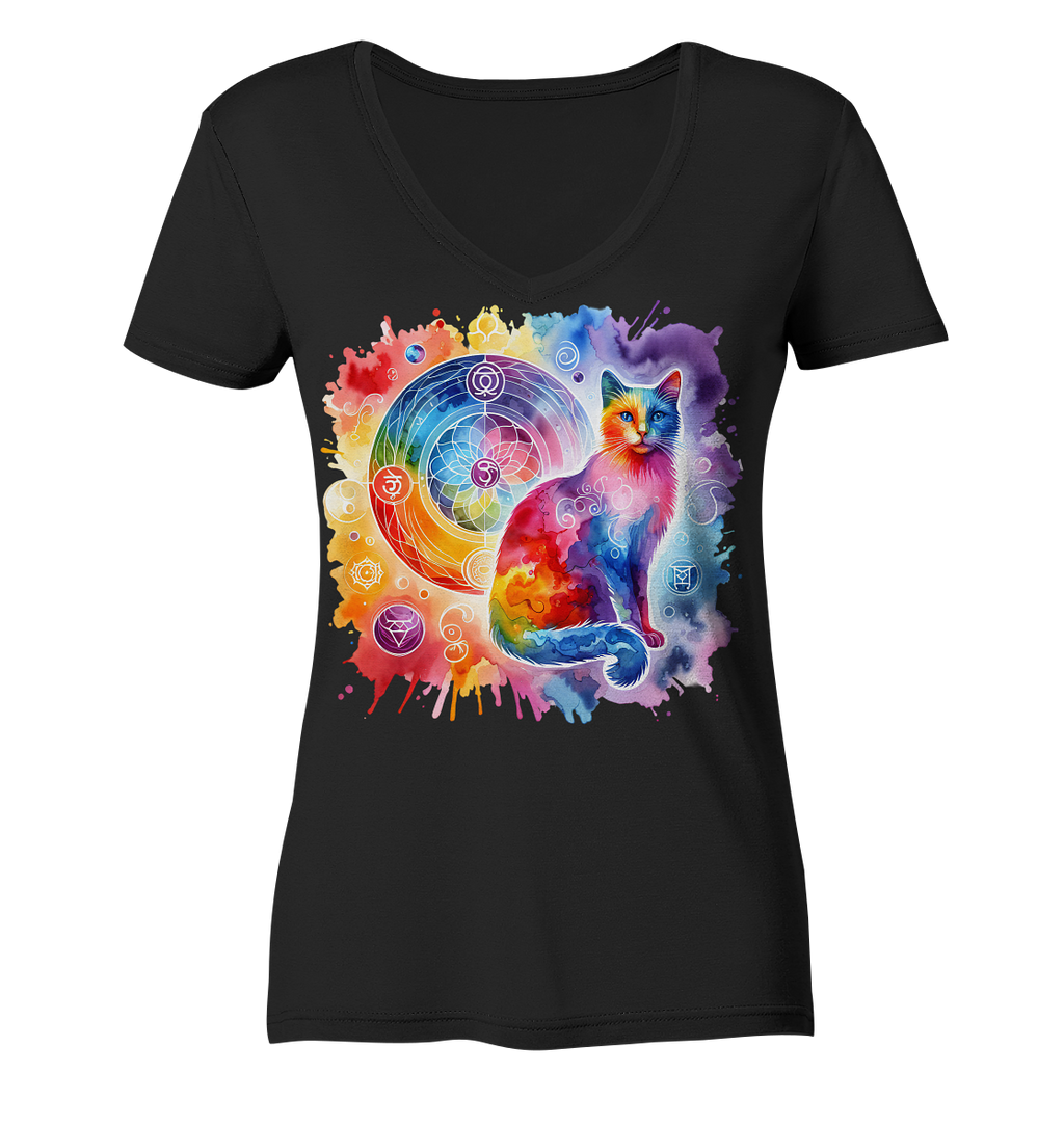 Shakra Design mit Katze - Ladies V-Neck Shirt