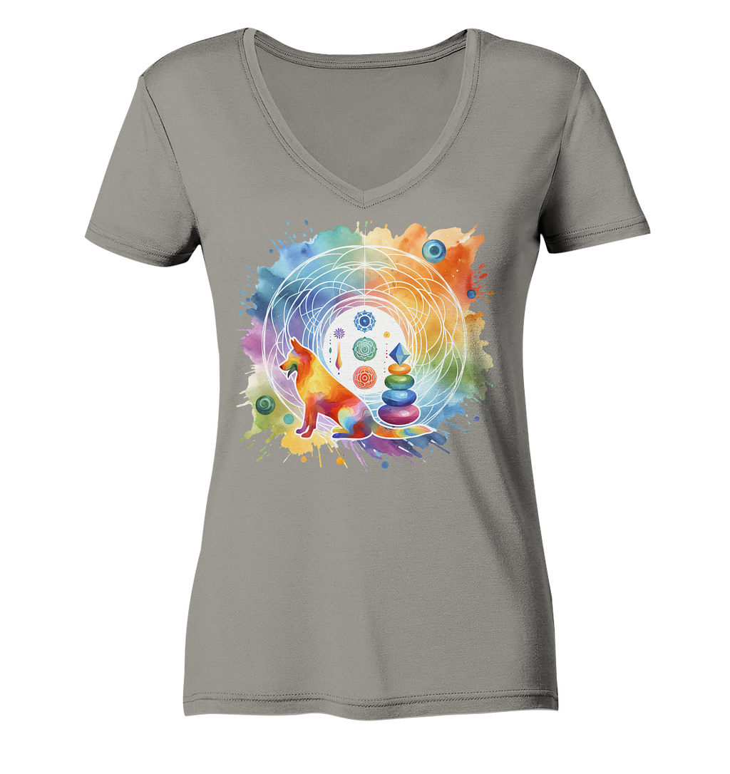 Chakra Art mit Hund Aquarell  - Ladies V-Neck Shirt