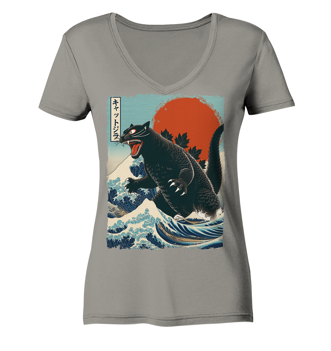 Cat - Zilla , Comic Style - Ladies V-Neck Shirt