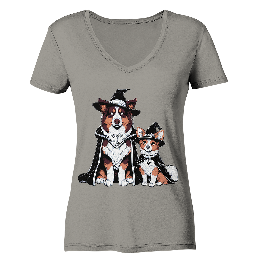 Halloween Wizard Hunde Terrier und Australian Sheppard  - Ladies V-Neck Shirt