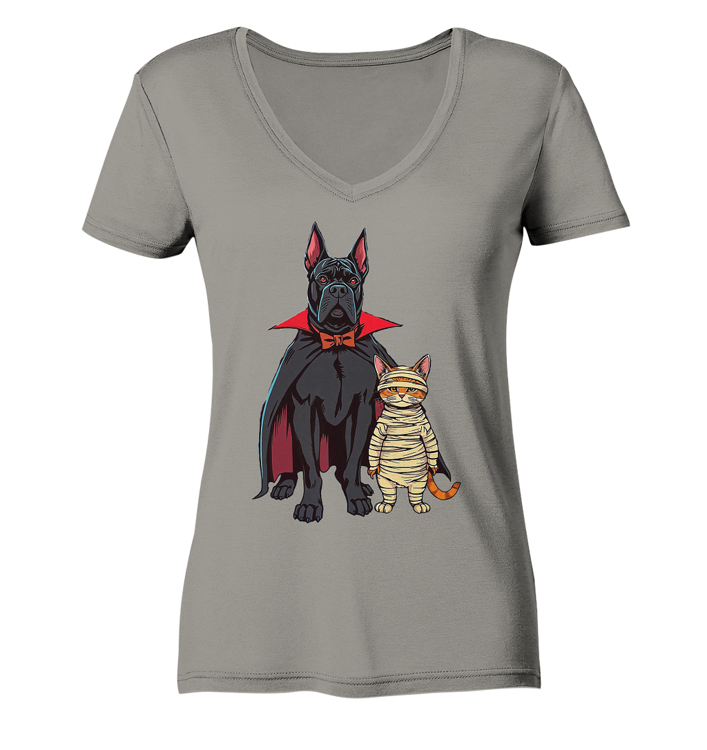Halloween Cane Corso mit Katze als comic - Ladies V-Neck Shirt
