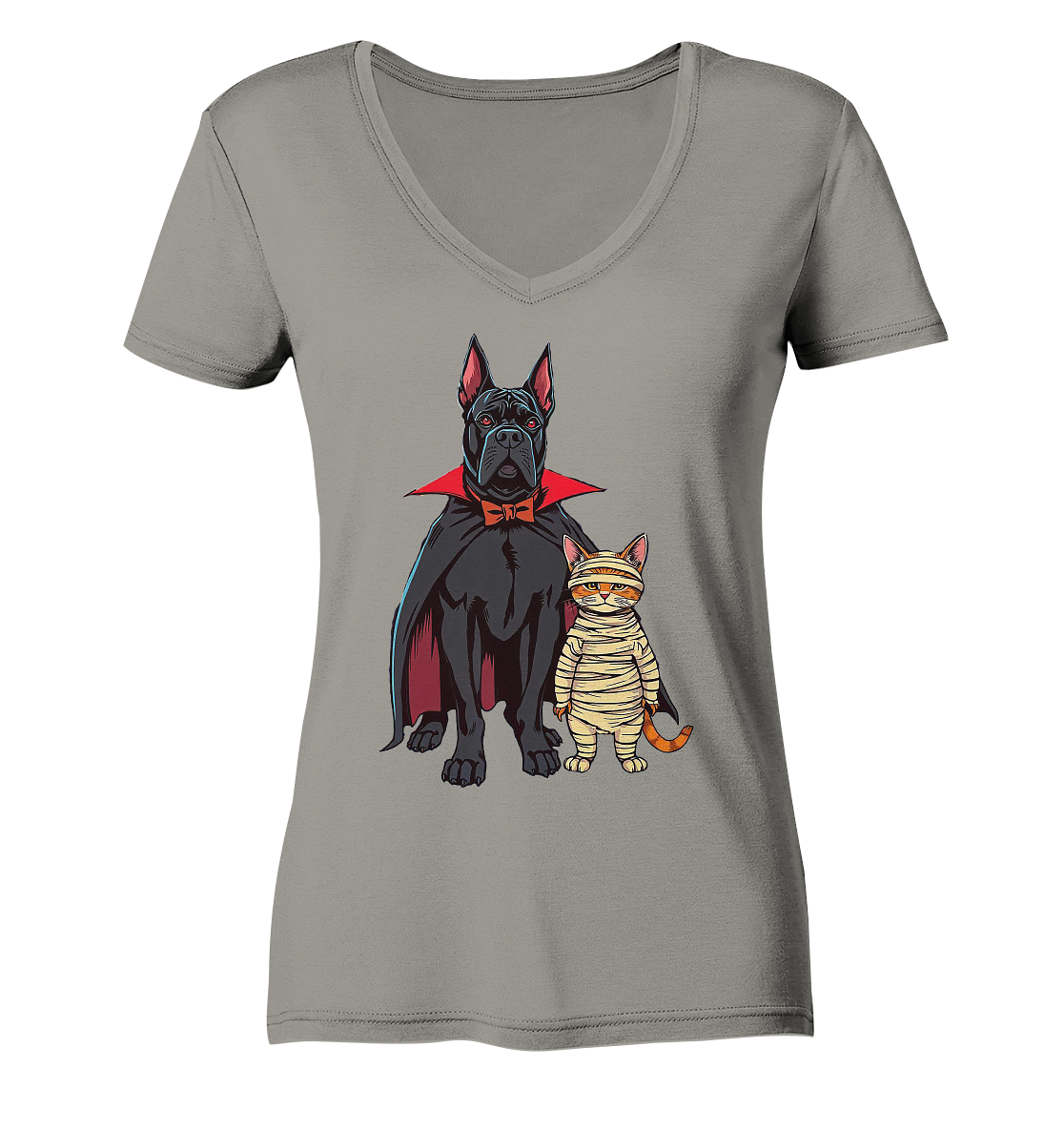 Halloween Cane Corso mit Katze als comic - Ladies V-Neck Shirt