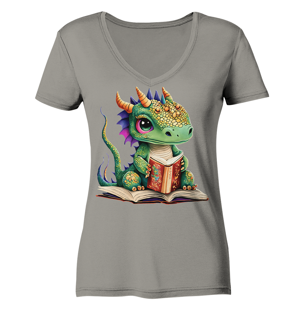 Kleiner lesender Drache -personalisierbar - Ladies V-Neck Shirt