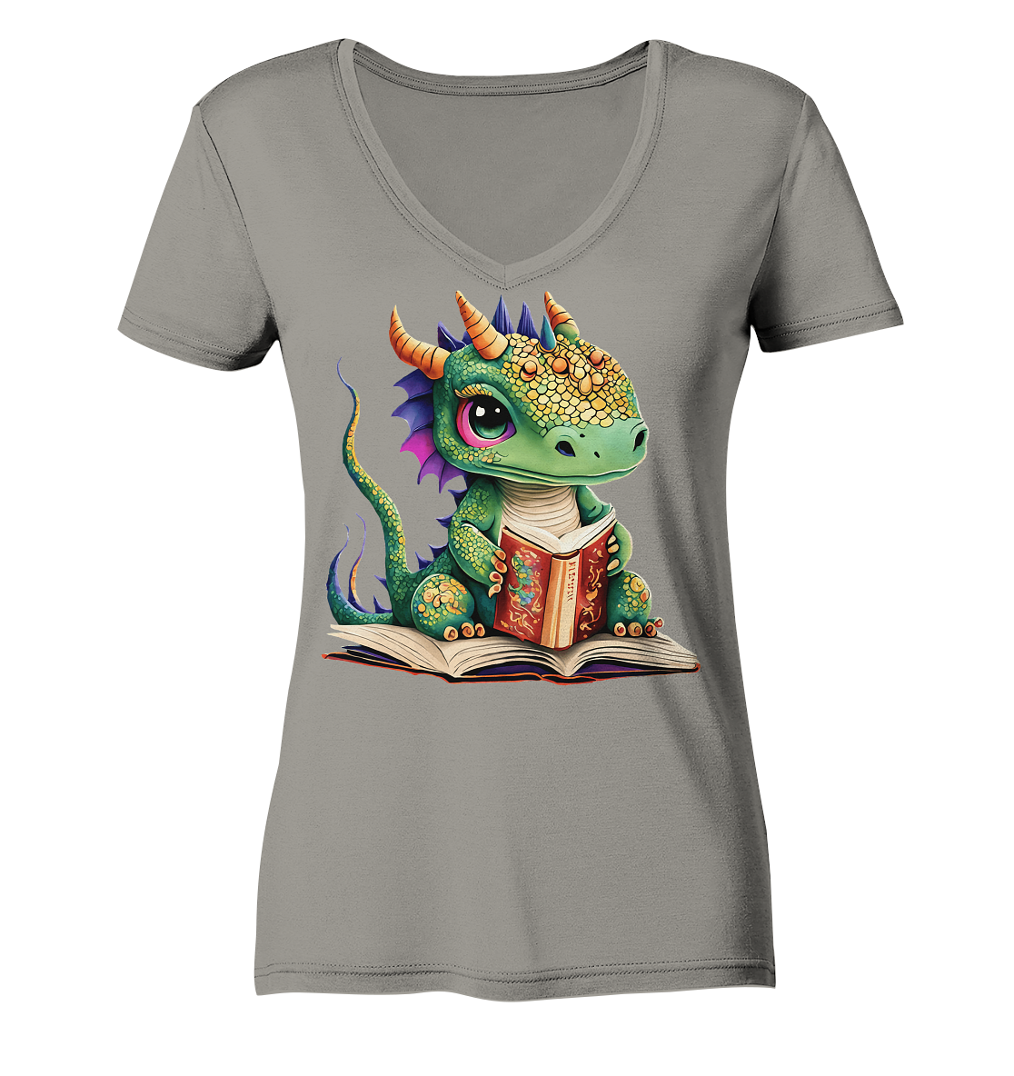 Kleiner lesender Drache -personalisierbar - Ladies V-Neck Shirt