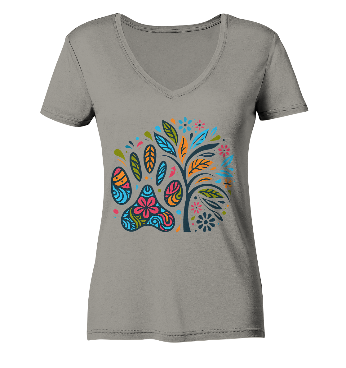 Pfote und Baum Farbenfrohes Design - Ladies V-Neck Shirt