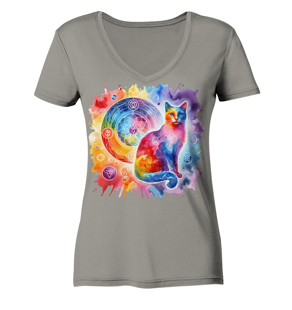 Shakra Design mit Katze - Ladies V-Neck Shirt