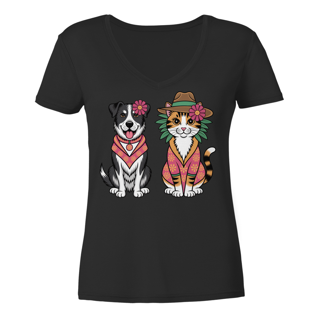 Hund und Katze Illustration Kahlo style - Ladies V-Neck Shirt