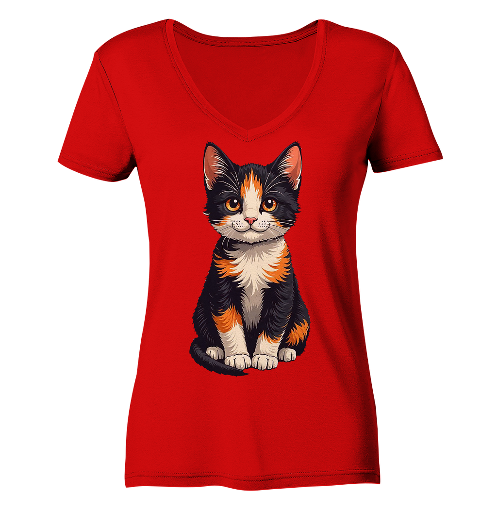 Süsse Glückskatze Illustration  - Ladies V-Neck Shirt