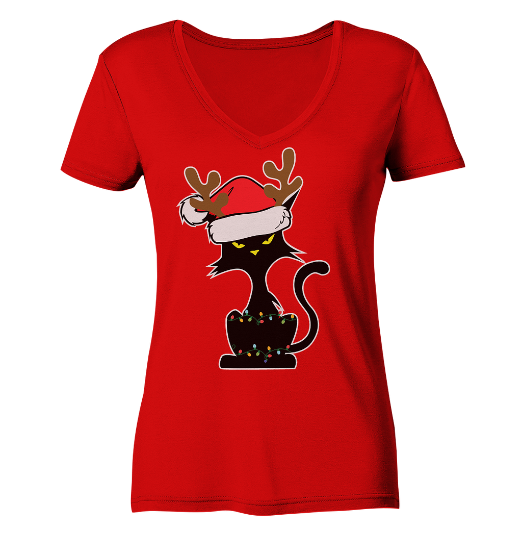 Grumpy Weihnachts Katze Cartoon - Ladies V-Neck Shirt