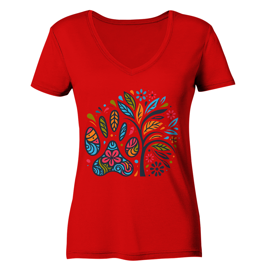 Pfote und Baum Farbenfrohes Design - Ladies V-Neck Shirt