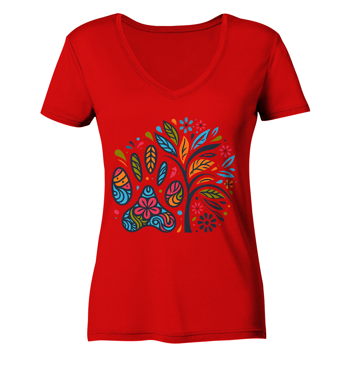 Pfote und Baum Farbenfrohes Design - Ladies V-Neck Shirt