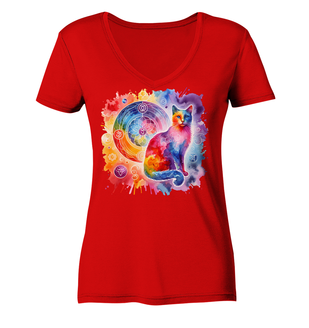 Ein Shakra Design mit Katze - Ladies V-Neck Shirt
