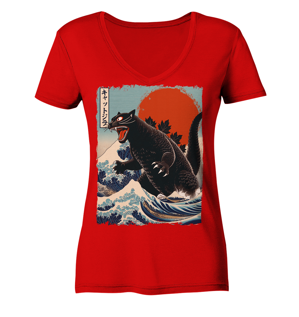 Cat - Zilla , Comic Style - Ladies V-Neck Shirt