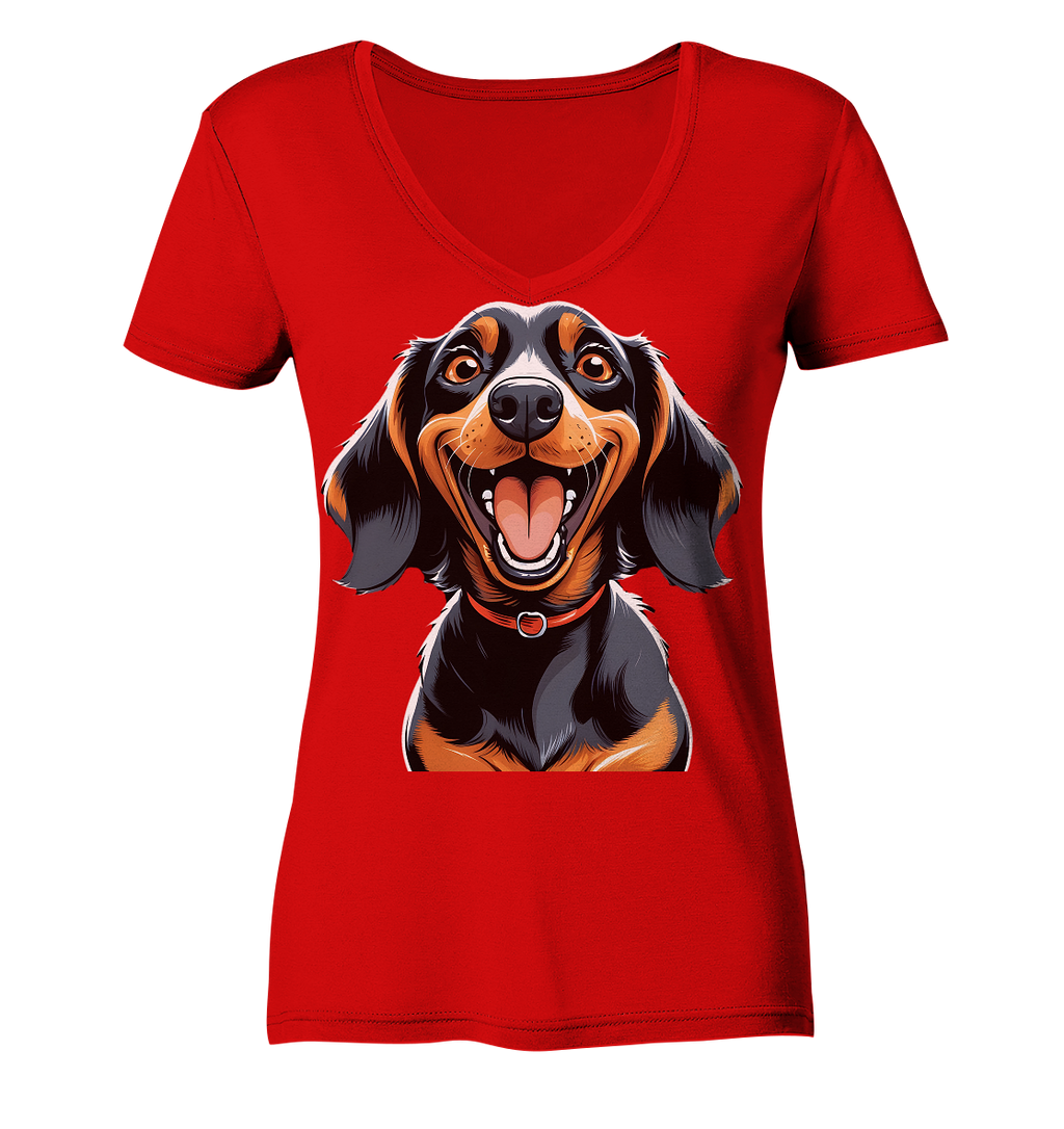 Happy Dackel Cartoon - Ladies V-Neck Shirt