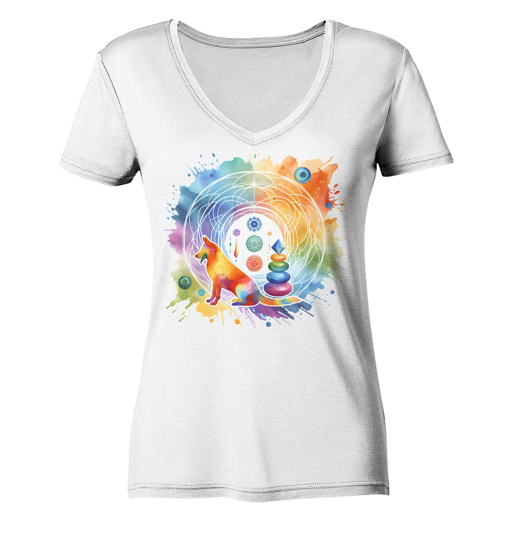 Chakra Art mit Hund Aquarell  - Ladies V-Neck Shirt
