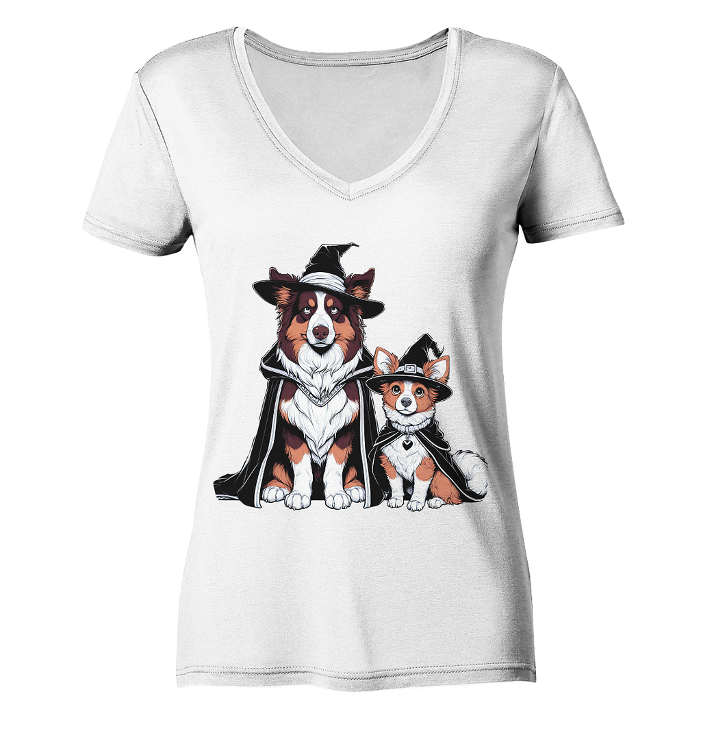 Halloween Wizard Hunde Terrier und Australian Sheppard  - Ladies V-Neck Shirt