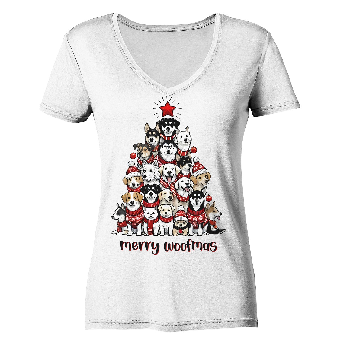 Weihnachten Christmas Hunde Baum Merry Woofmas - Ladies V-Neck Shirt