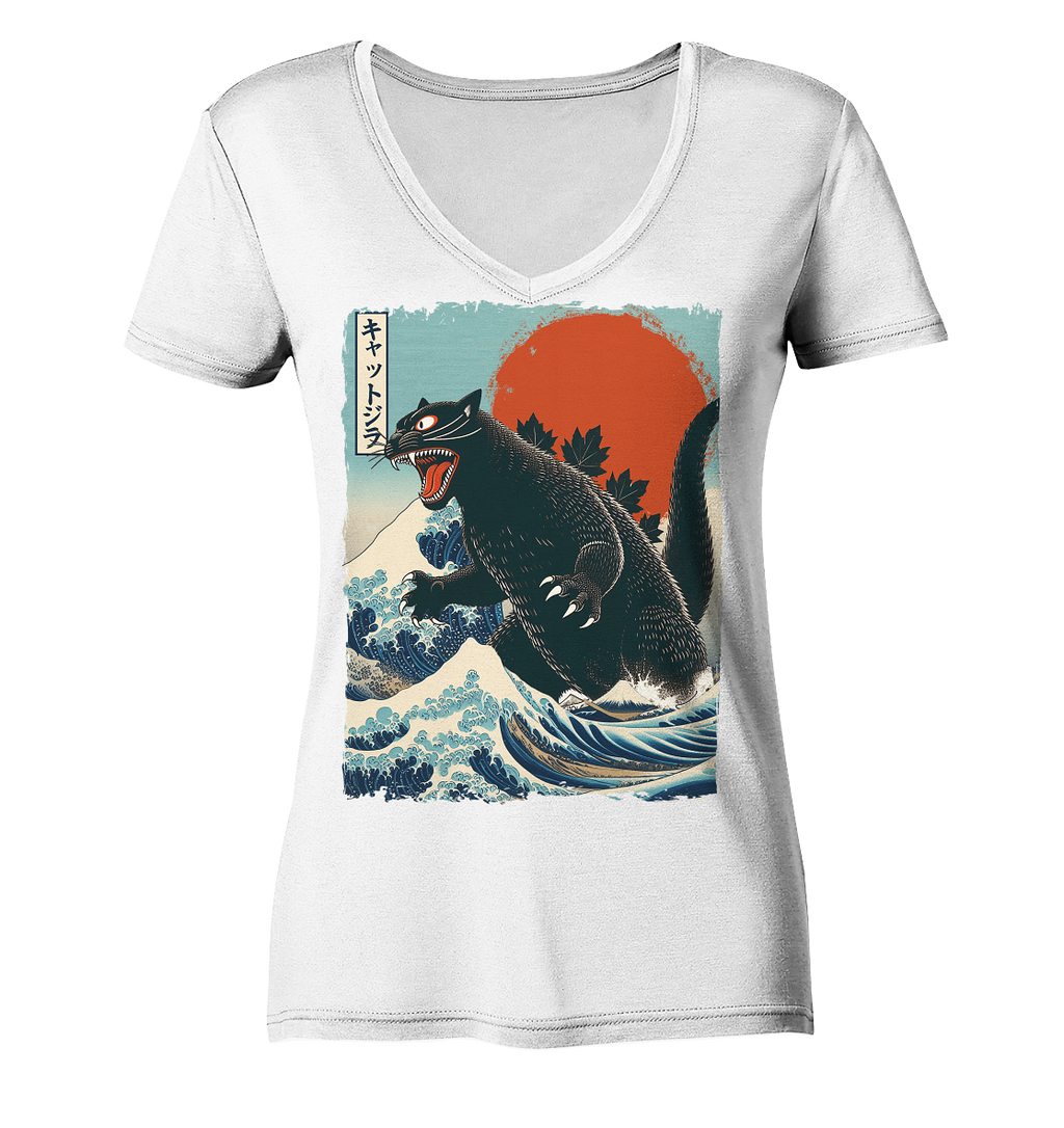 Cat - Zilla , Comic Style - Ladies V-Neck Shirt