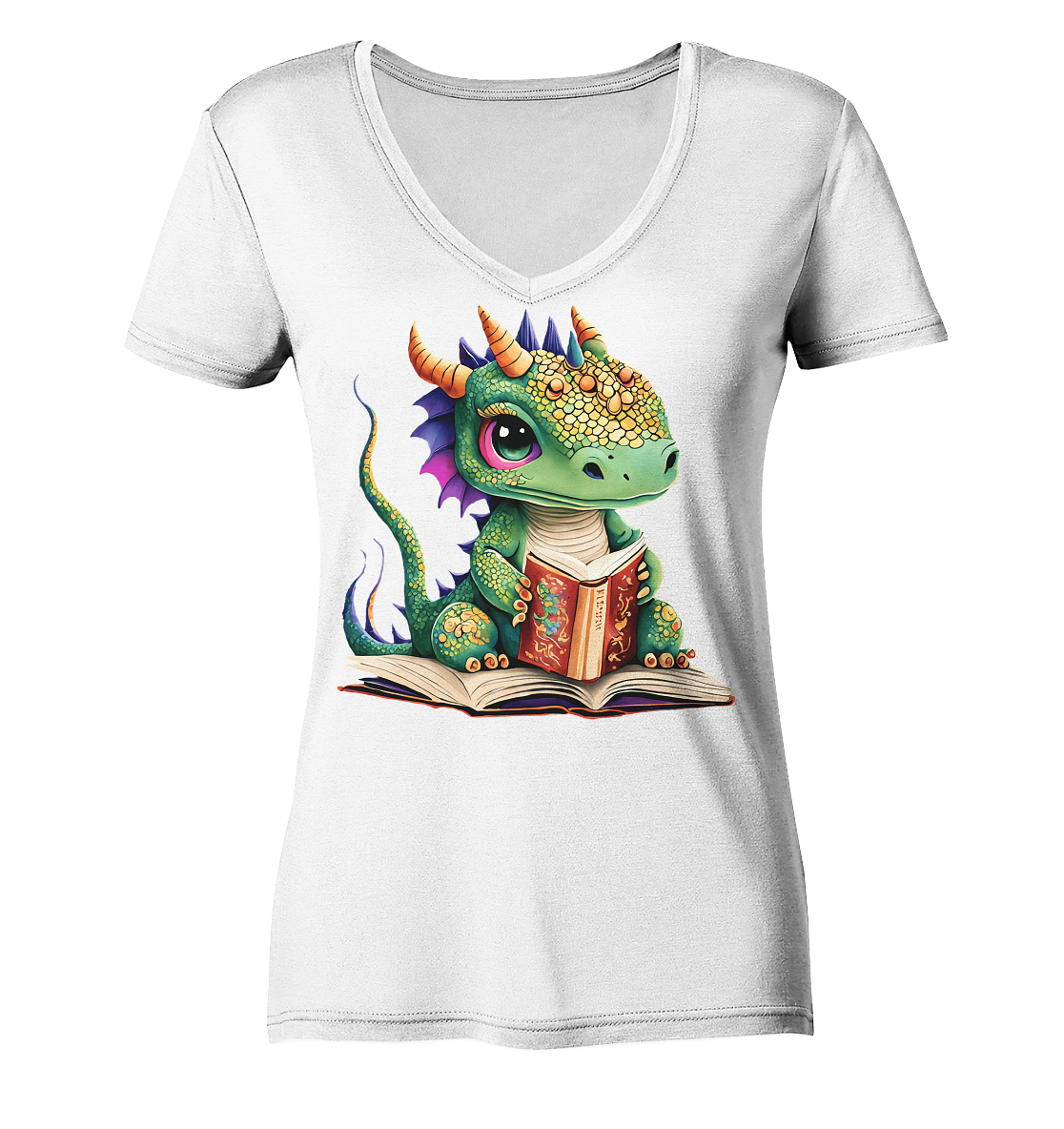 Kleiner lesender Drache -personalisierbar - Ladies V-Neck Shirt