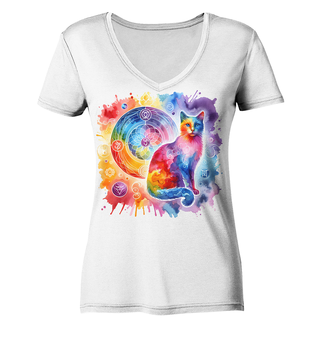 Shakra Design mit Katze - Ladies V-Neck Shirt