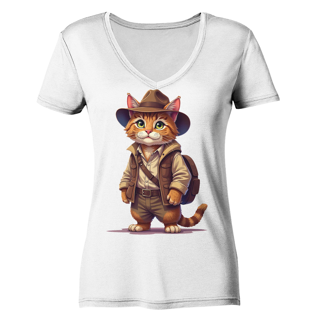 Abenteurer Katze Cartoon  - personalisierbar - Ladies V-Neck Shirt