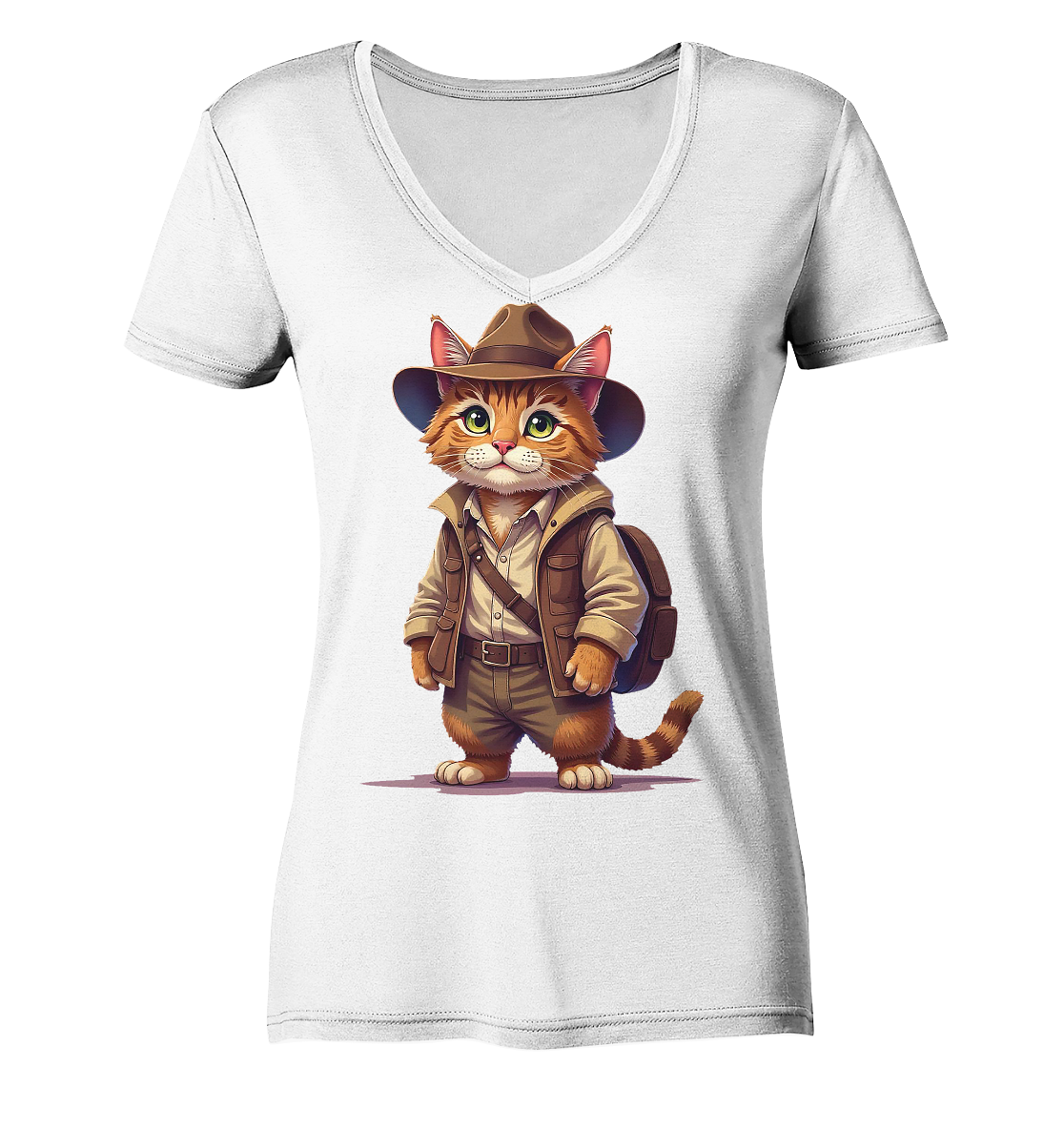 Abenteurer Katze Cartoon  - personalisierbar - Ladies V-Neck Shirt