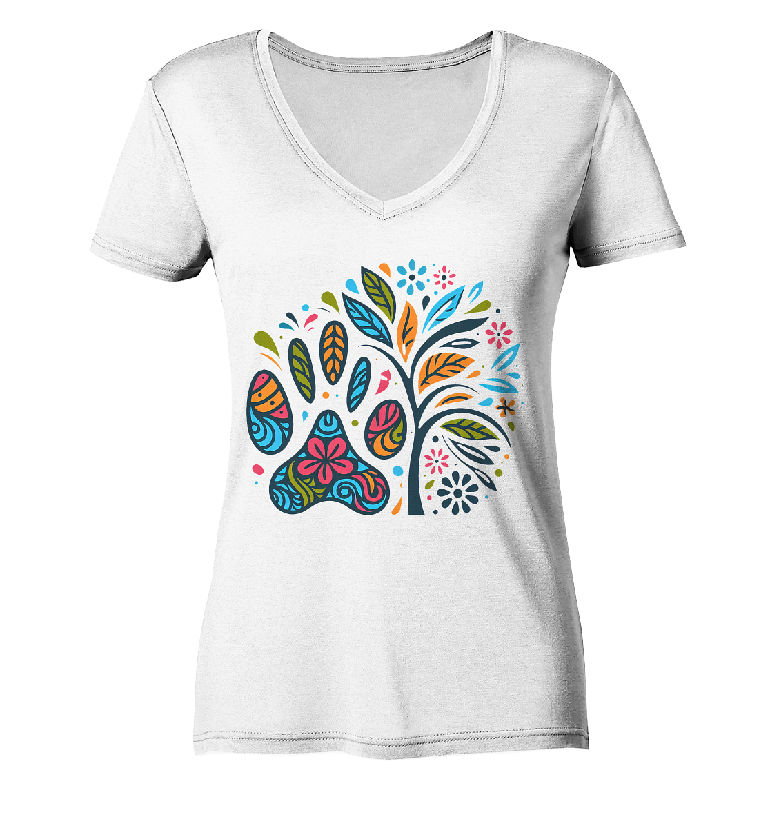 Pfote und Baum Farbenfrohes Design - Ladies V-Neck Shirt