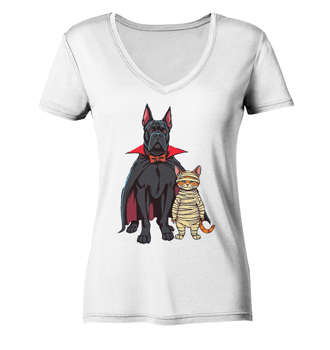 Halloween Cane Corso mit Katze als comic - Ladies V-Neck Shirt
