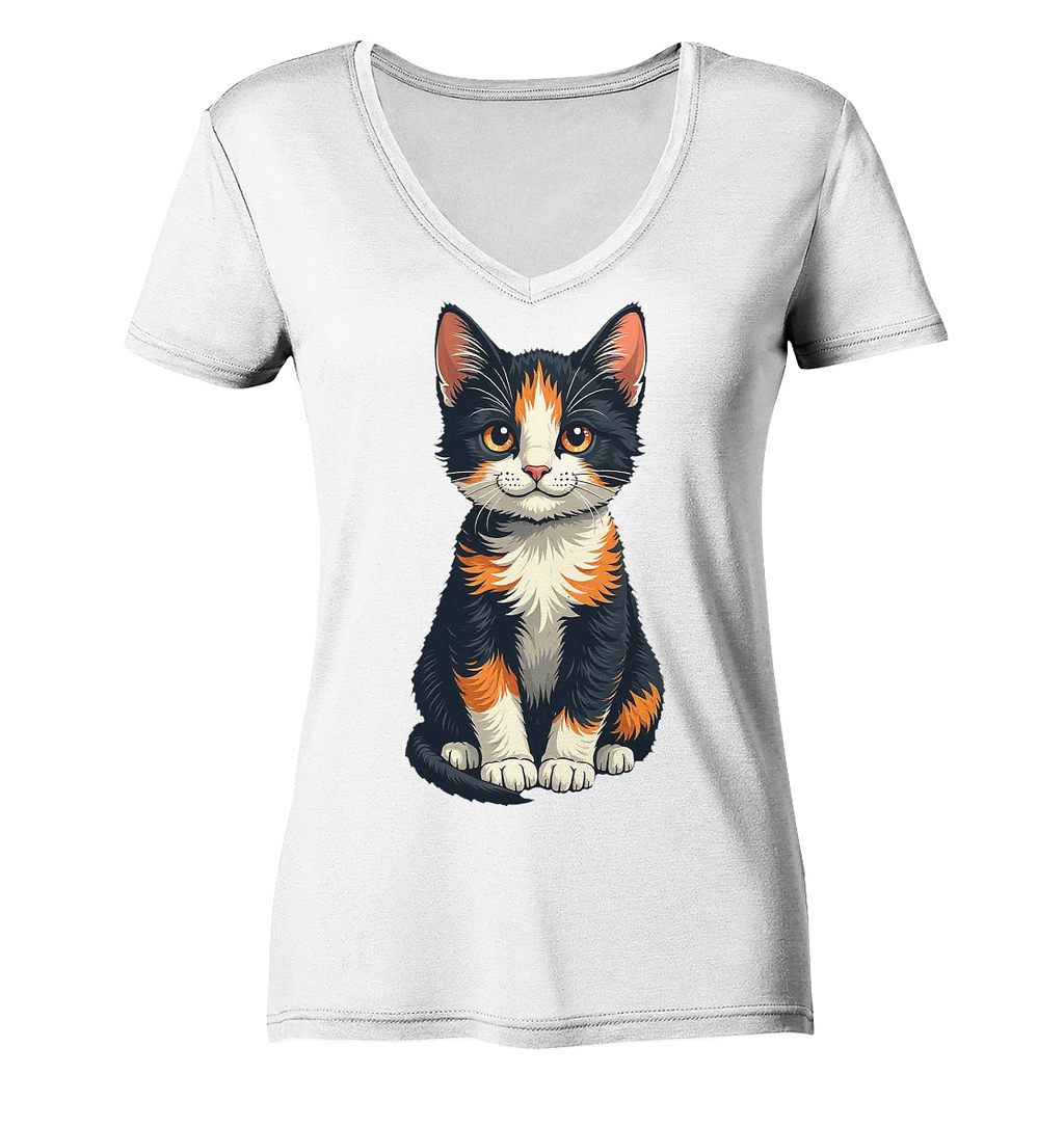Süsse Glückskatze Illustration  - Ladies V-Neck Shirt