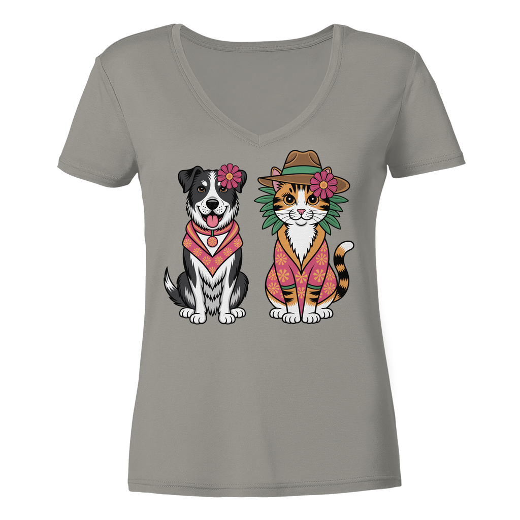 Hund und Katze Illustration Kahlo style - Ladies V-Neck Shirt