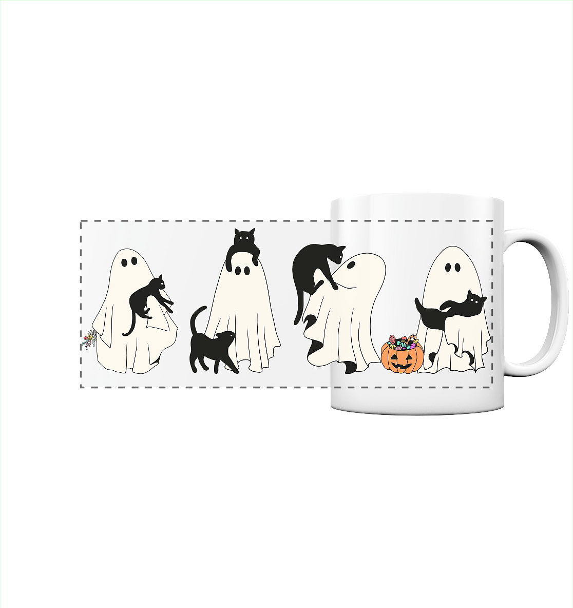 Halloween Geister mit Katzen - Panorama Tasse