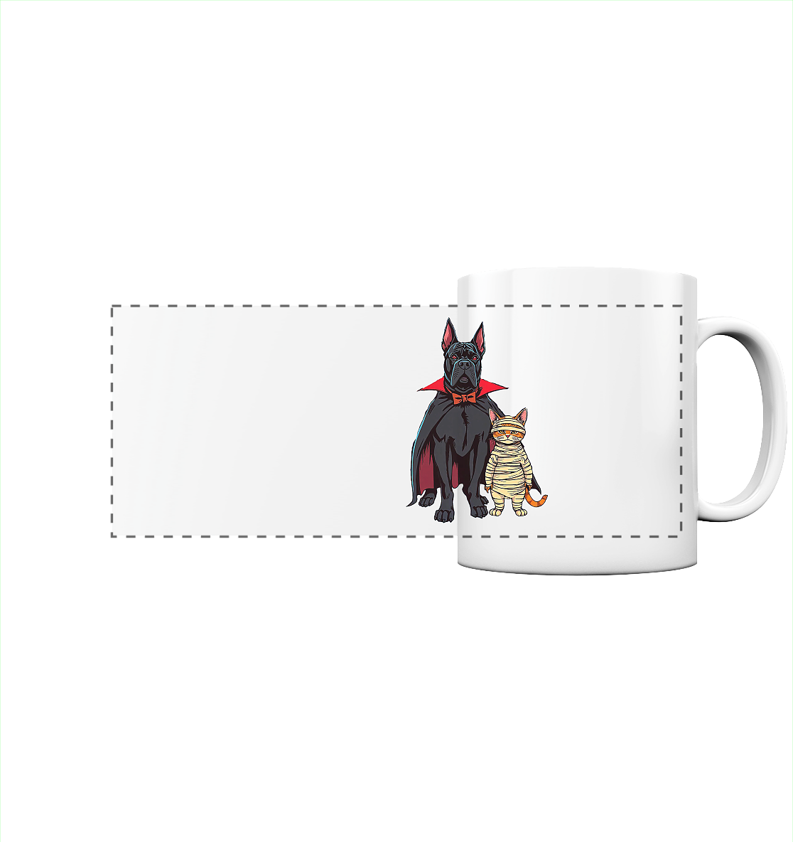Halloween Cane Corso mit Katze als comic - Panorama Tasse