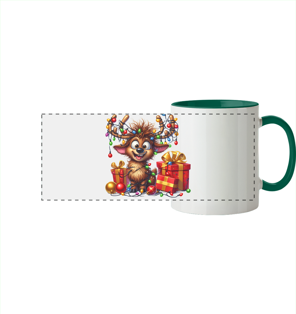 Ugly Christmas Weihnachten Crazy Rentier - Panorama Tasse zweifarbig