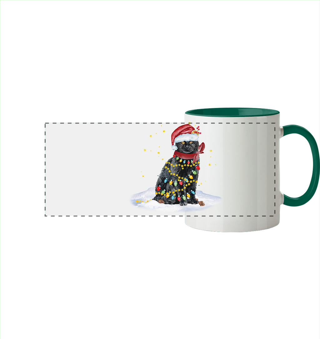 Lustige Weihnachts Katze Zeichnung - Panorama Tasse zweifarbig