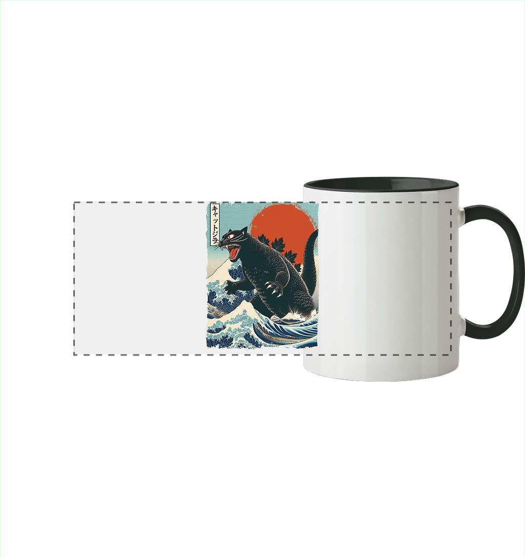 Cat - Zilla , Comic Style - Panorama Tasse zweifarbig