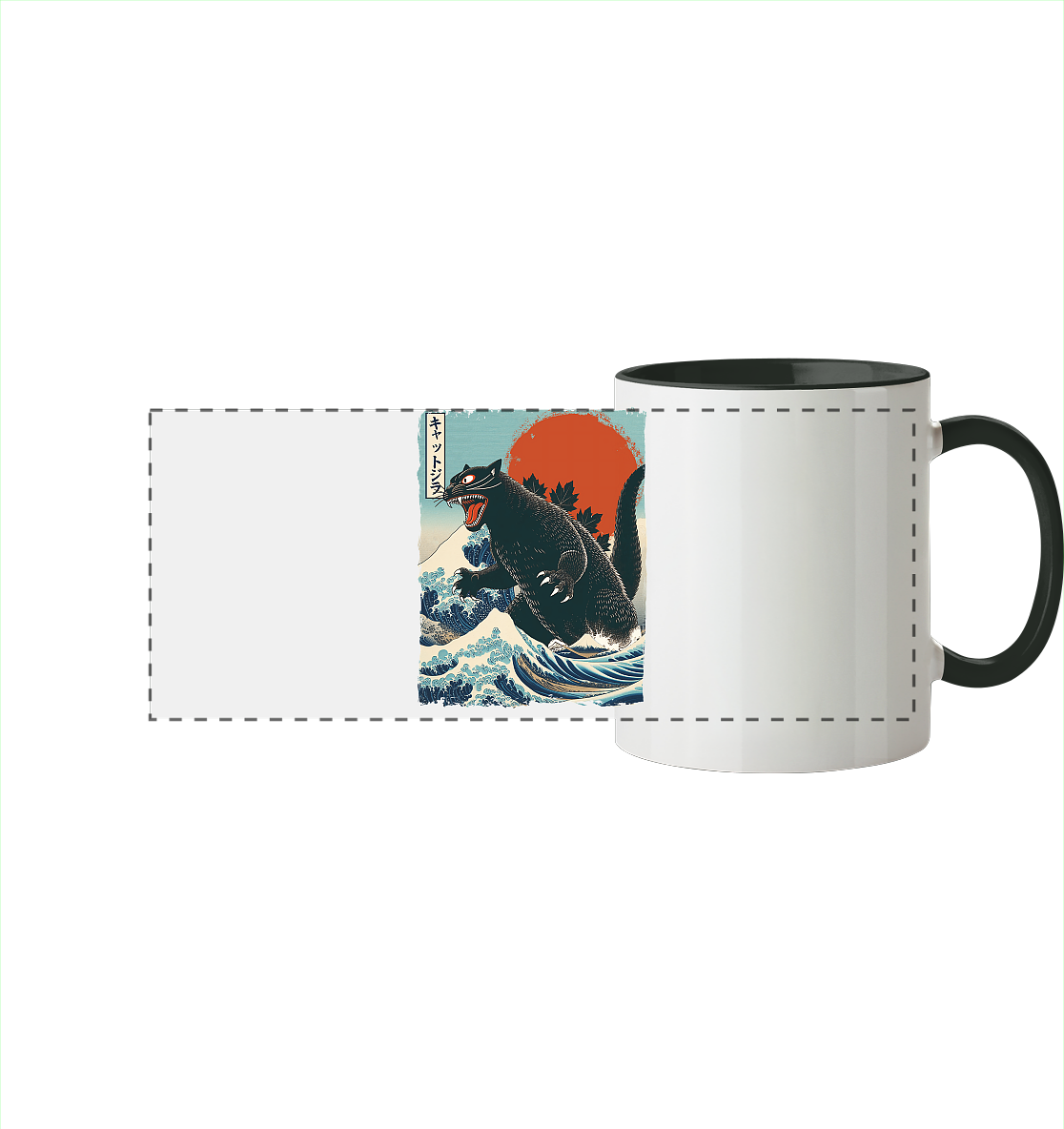 Cat - Zilla , Comic Style - Panorama Tasse zweifarbig