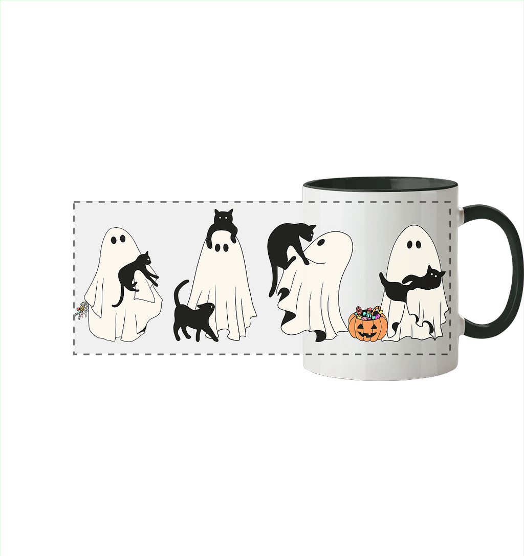 Halloween Geister mit Katzen - Panorama Tasse zweifarbig