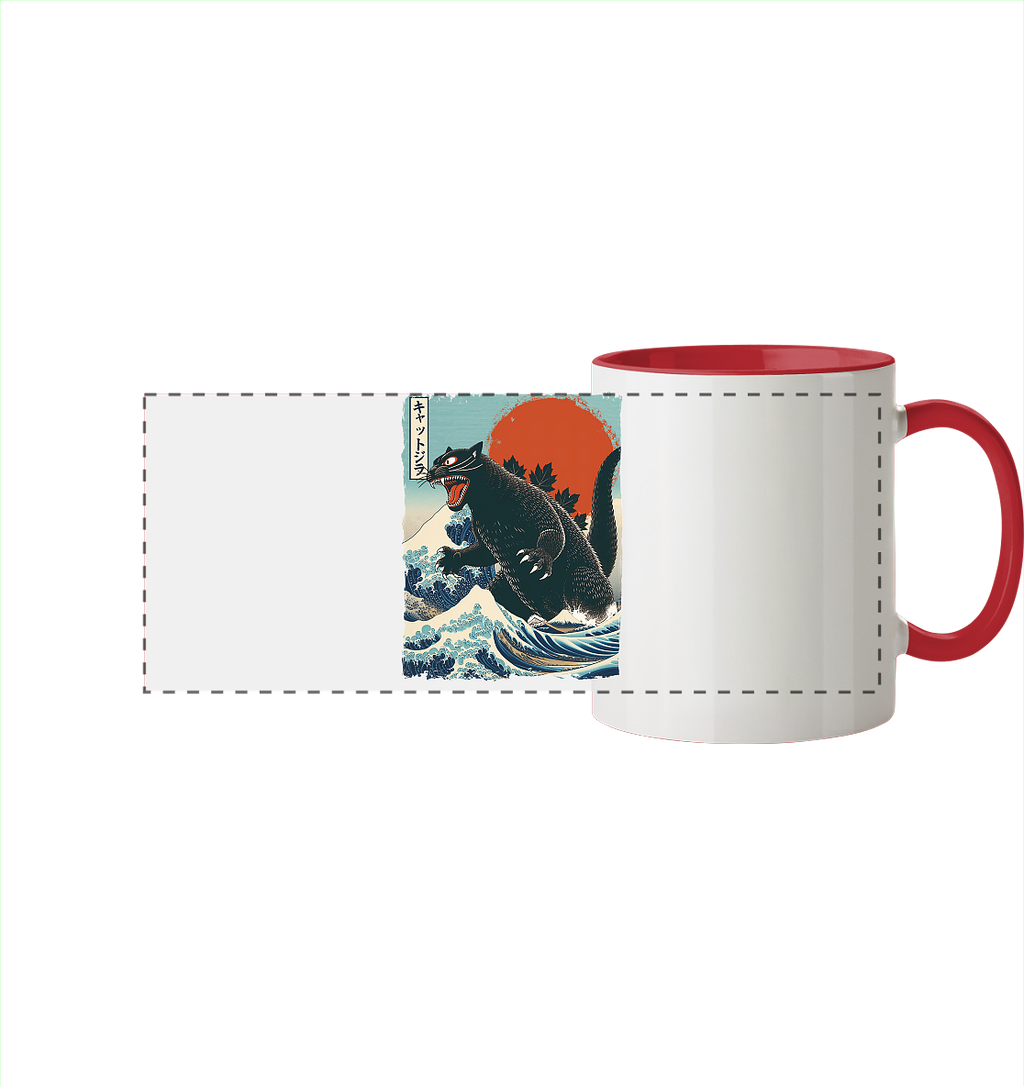Cat - Zilla , Comic Style - Panorama Tasse zweifarbig