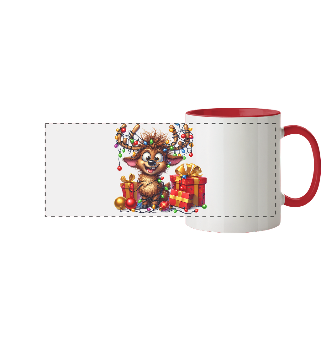 Ugly Christmas Weihnachten Crazy Rentier - Panorama Tasse zweifarbig