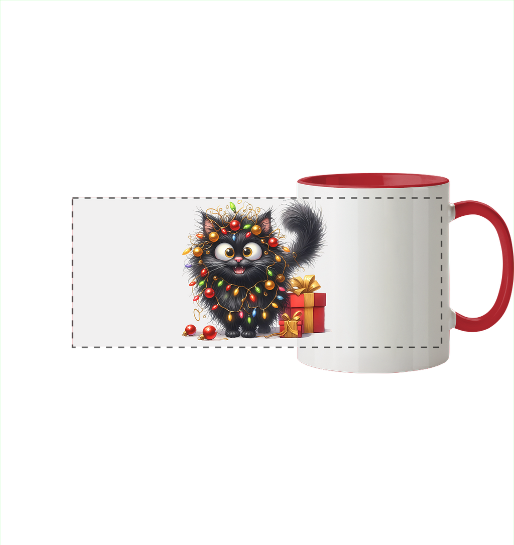 Ugly Christmas Weihnachten Crazy Katze - Panorama Tasse zweifarbig