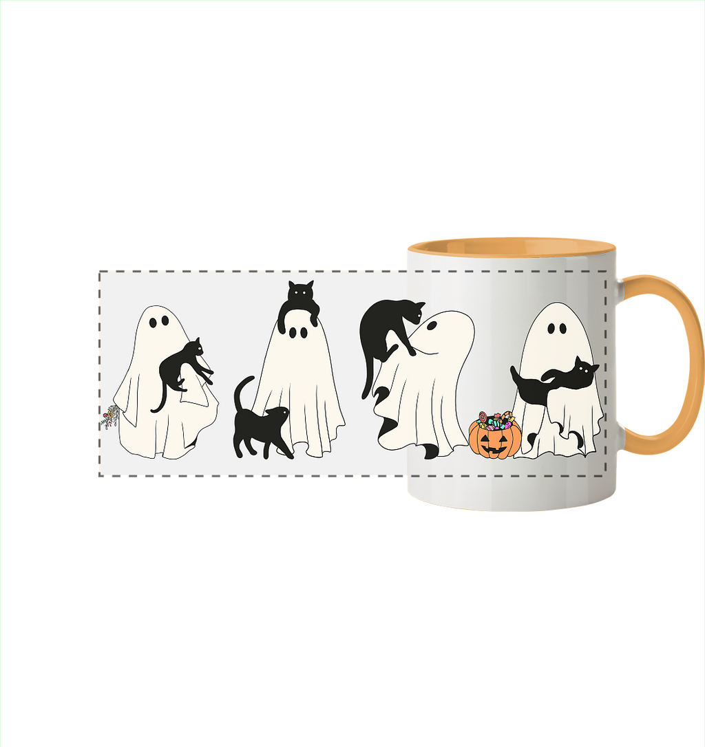 Halloween Geister mit Katzen - Panorama Tasse zweifarbig