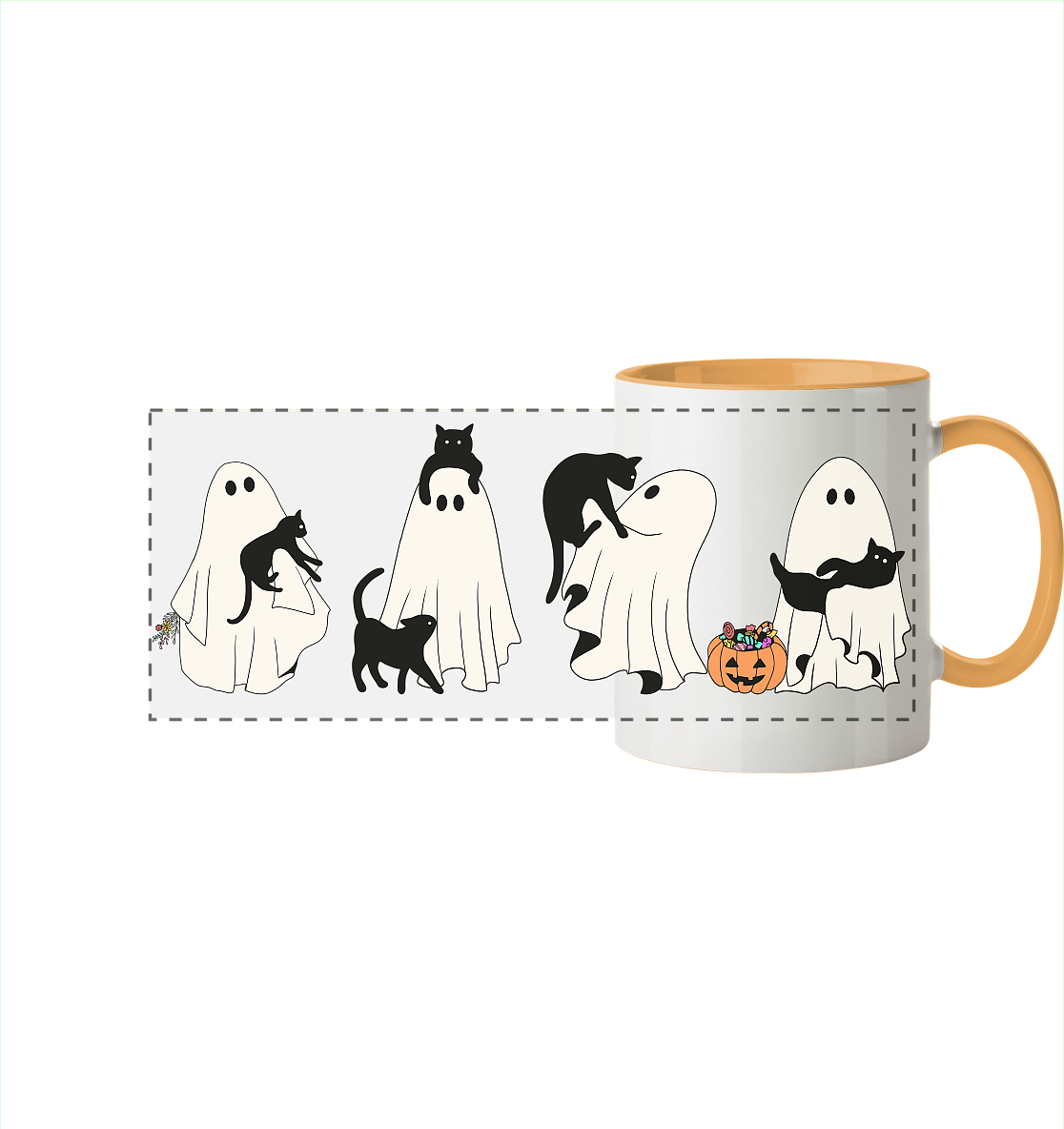 Halloween Geister mit Katzen - Panorama Tasse zweifarbig