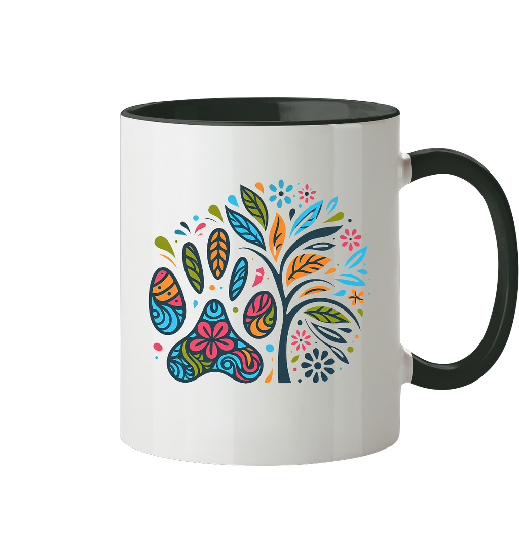 Pfote und Baum Farbenfrohes Design - Tasse zweifarbig