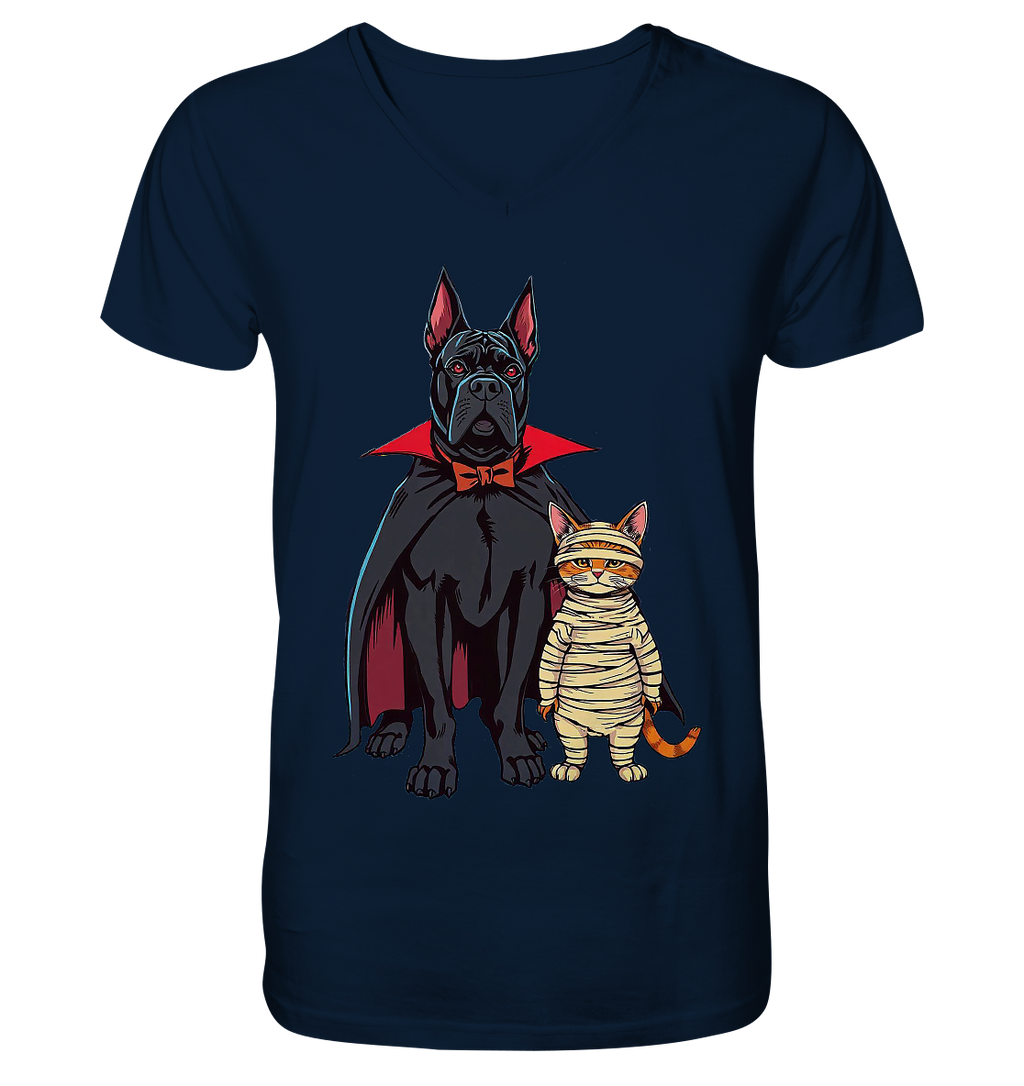 Halloween Cane Corso mit Katze als comic - V-Neck Shirt