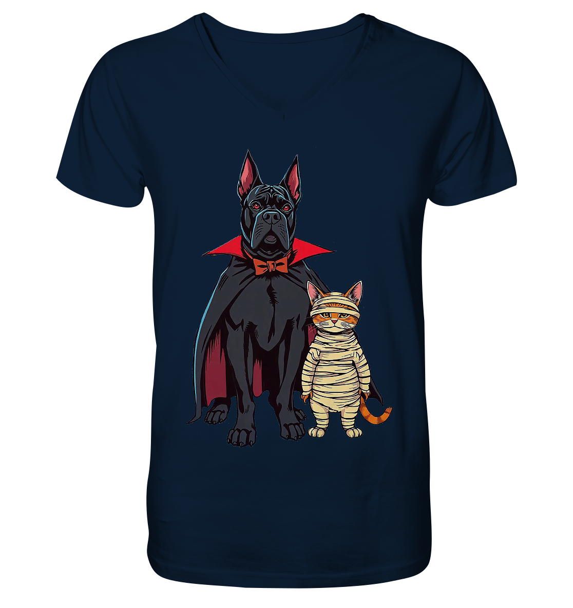Halloween Cane Corso mit Katze als comic - V-Neck Shirt