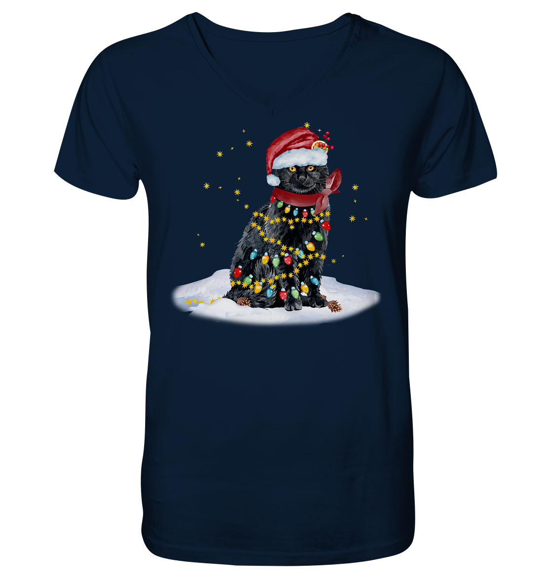 Lustige Weihnachts Katze Zeichnung - V-Neck Shirt