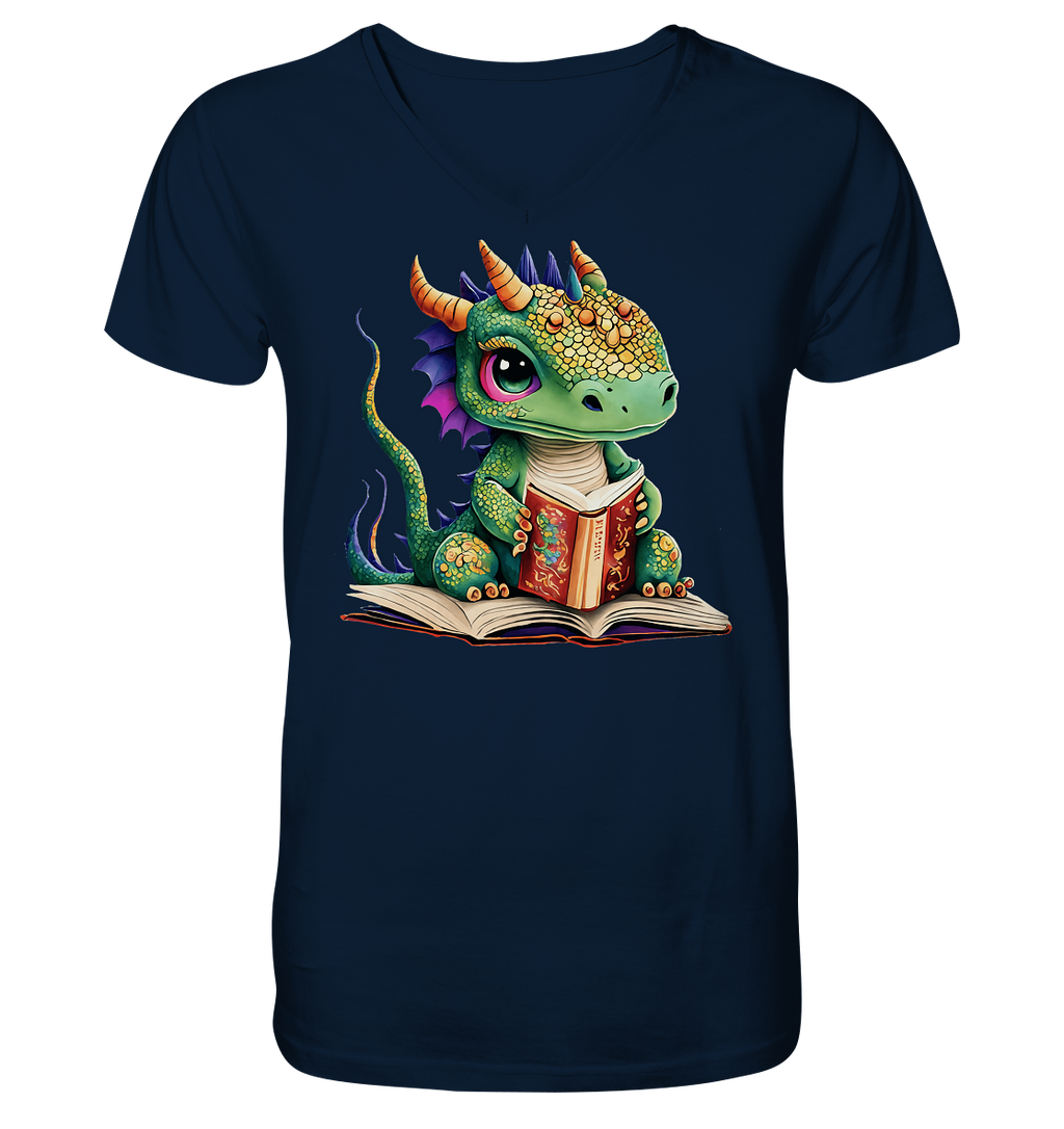 Kleiner lesender Drache -personalisierbar - V-Neck Shirt