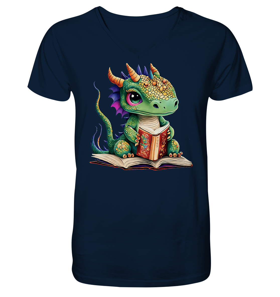Kleiner lesender Drache -personalisierbar - V-Neck Shirt